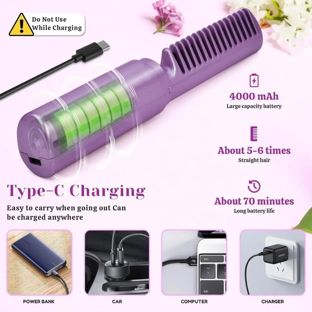 Meneflix Portable Mini Hair Straightener Cordless Rechargeable Mini Adjustable Hair Straightener Hot Comb tmm1q6-kd