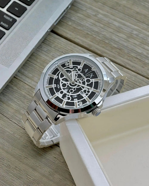 Armani Exchange Skeleton Dial Men’s Watch – Black Bracelet | GreatIndiaCart greatindiacart.com