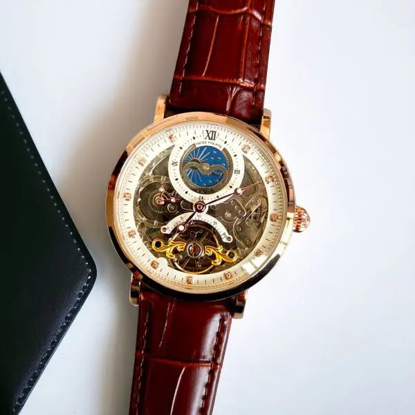 Luxury Skeleton Mechanical Watch – Black Leather Strap | GreatIndiaCart greatindiacart.com