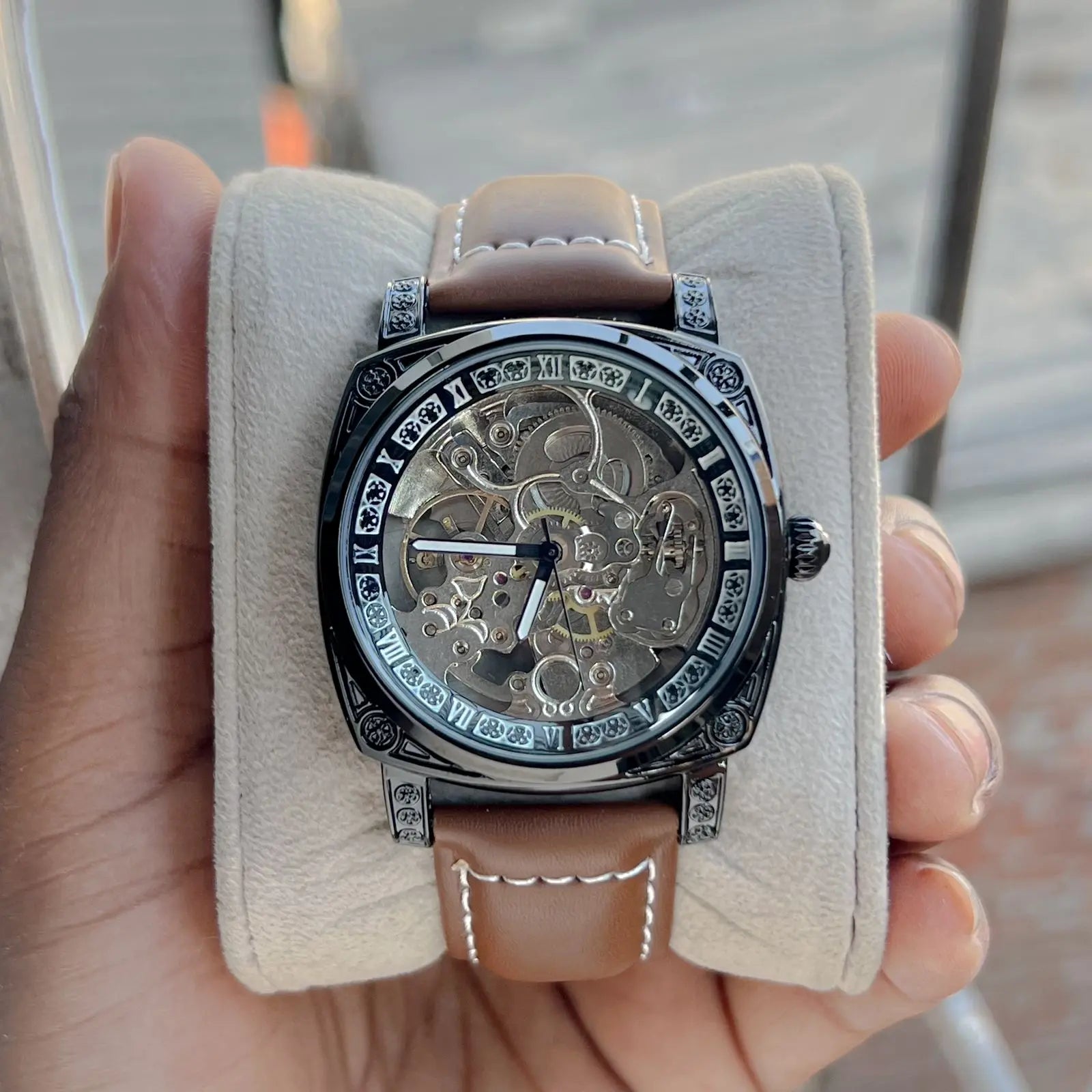 Men’s Skeleton Mechanical Watch – Brown Leather Strap | GreatIndiaCart greatindiacart.com