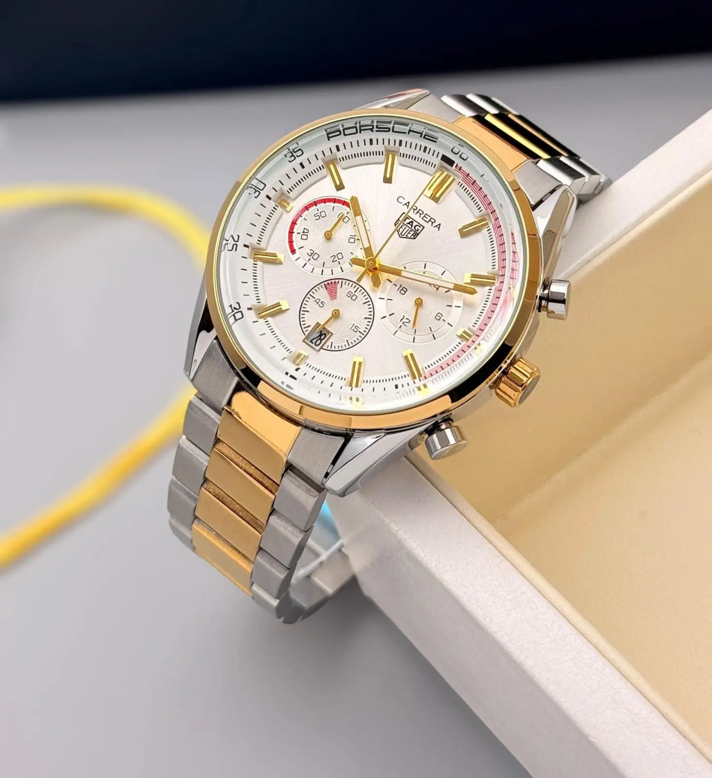 Men’s TAG Heuer Carrera Silver & Gold Chronograph Watch – White Dial | GreatIndiaCart greatindiacart.com