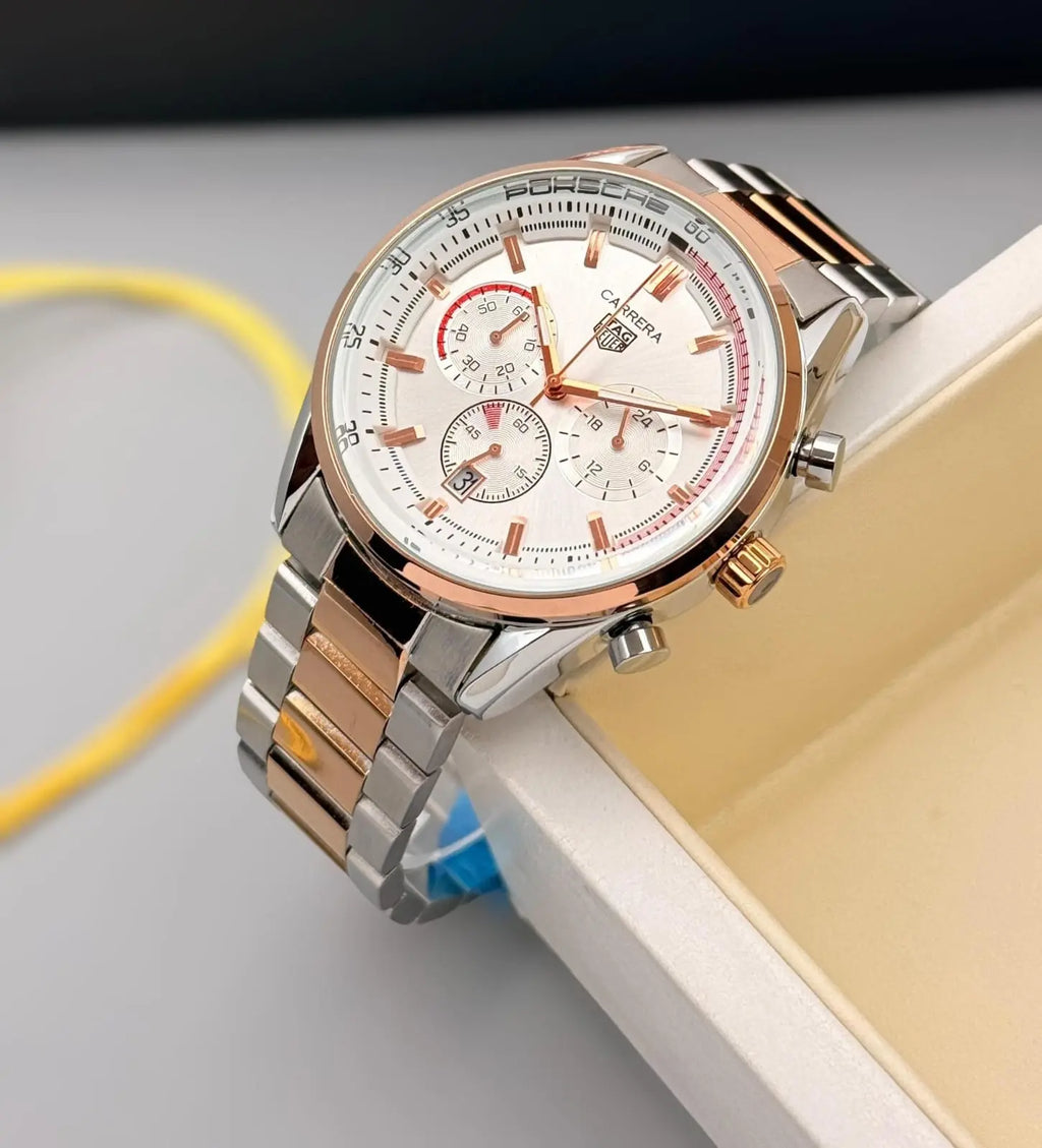 Men’s TAG Heuer Carrera Silver & Gold Chronograph Watch – White Dial | GreatIndiaCart greatindiacart.com