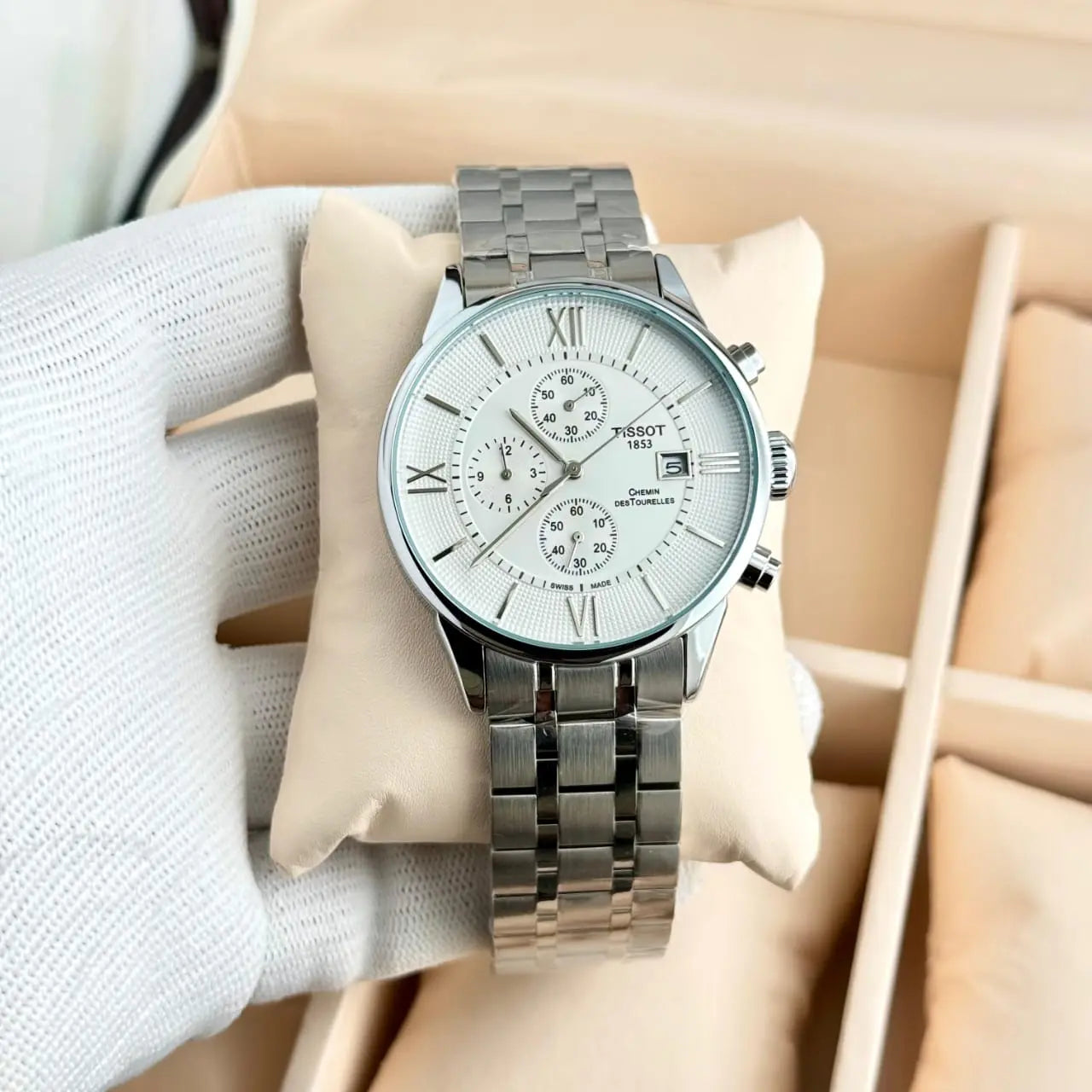 Men’s Tissot Silver & Rose Gold Chronograph Watch – White Dial | GreatIndiaCart greatindiacart.com