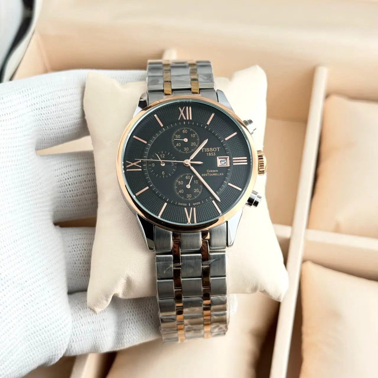 Men’s Tissot Silver & Rose Gold Chronograph Watch – White Dial | GreatIndiaCart greatindiacart.com