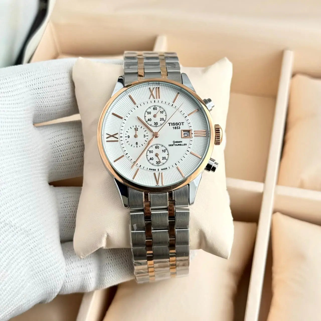 Men’s Tissot Silver & Rose Gold Chronograph Watch – White Dial | GreatIndiaCart greatindiacart.com