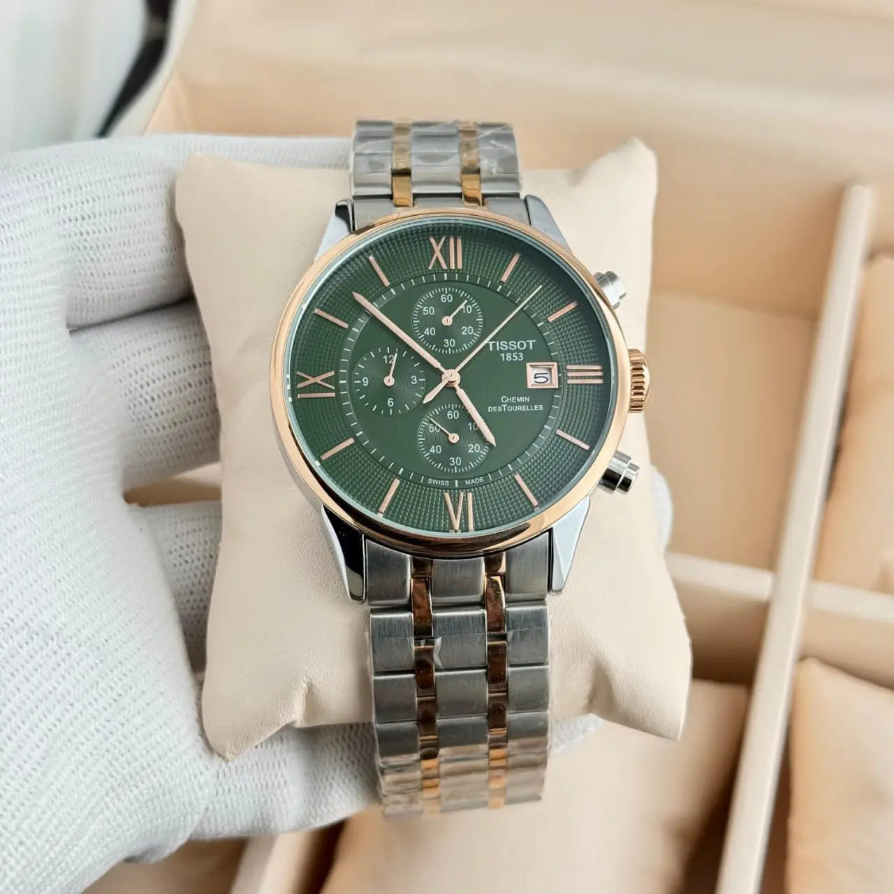 Men’s Tissot Silver & Rose Gold Chronograph Watch – White Dial | GreatIndiaCart greatindiacart.com