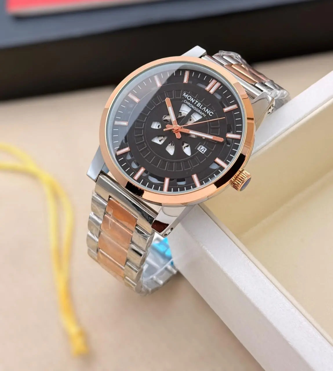 Men’s Montblanc Black Chronograph Watch – Rose Gold Markers | GreatIndiaCart greatindiacart.com