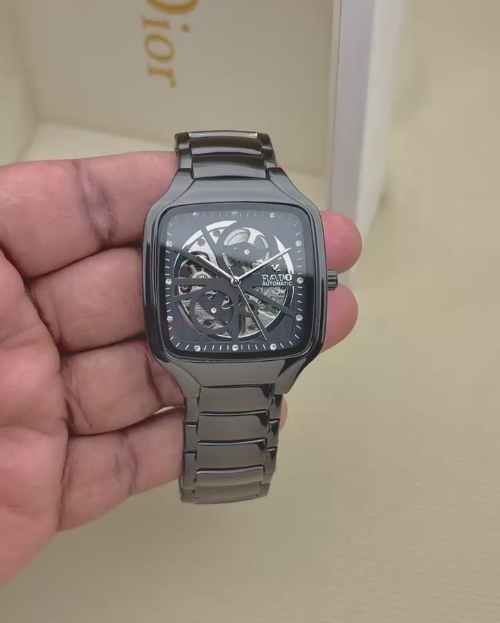 Men’s Rado watch (Black Skeleton Watch – Blue Hands) | GreatIndiaCart